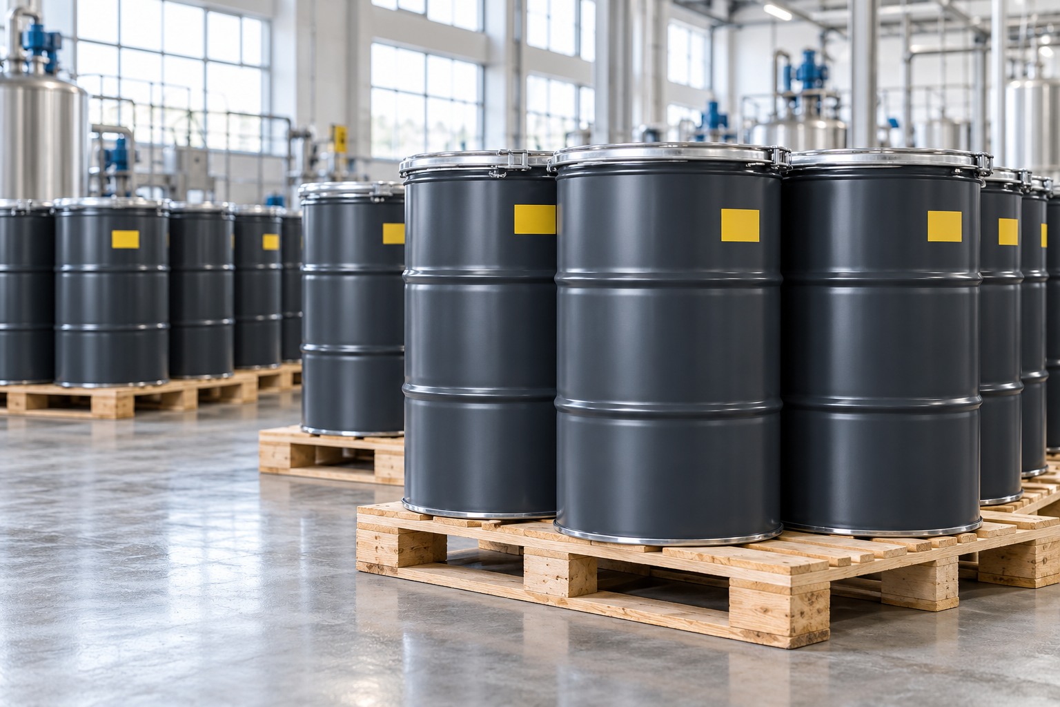 Illustrative bulk chemical packaging in steel drums; AI-generated, not a photograph of the LANVITO factory