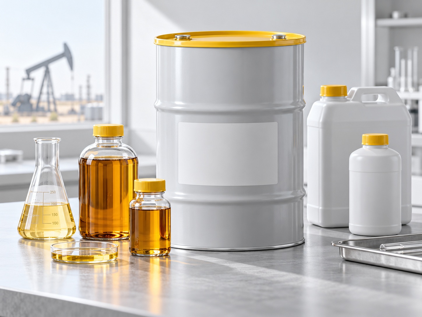 Illustrative oilfield chemical containers and crude oil treatment samples